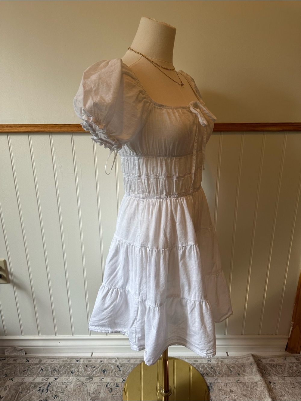 White Cottagecore Puff Sleeve Dress – Small - Picture 5 of 6